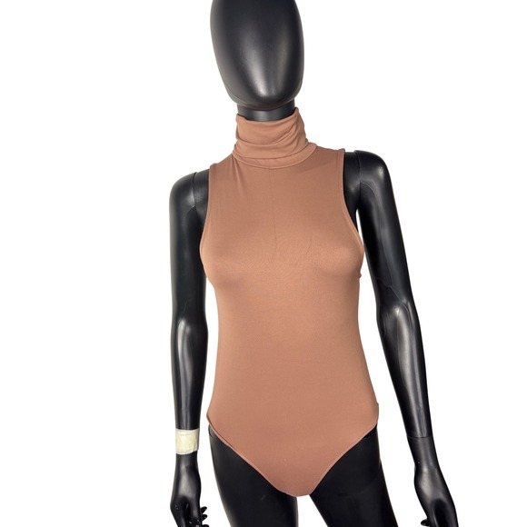 Zara Sleeveless Turtleneck Bodysuit Top M Ribbed Knit One Piece Tank Suit Brown - Picture 1 of 9